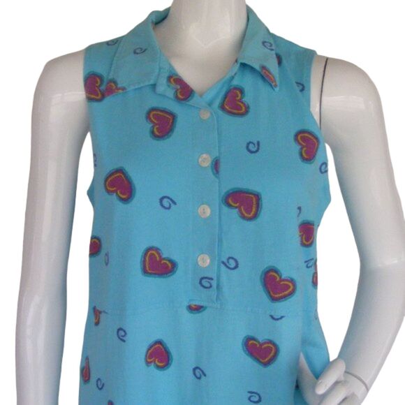 Vintage Dress, M, Light Blue, Collar, Raw Hem, Red Hearts, Pullover, Sleeveless - Picture 2 of 9